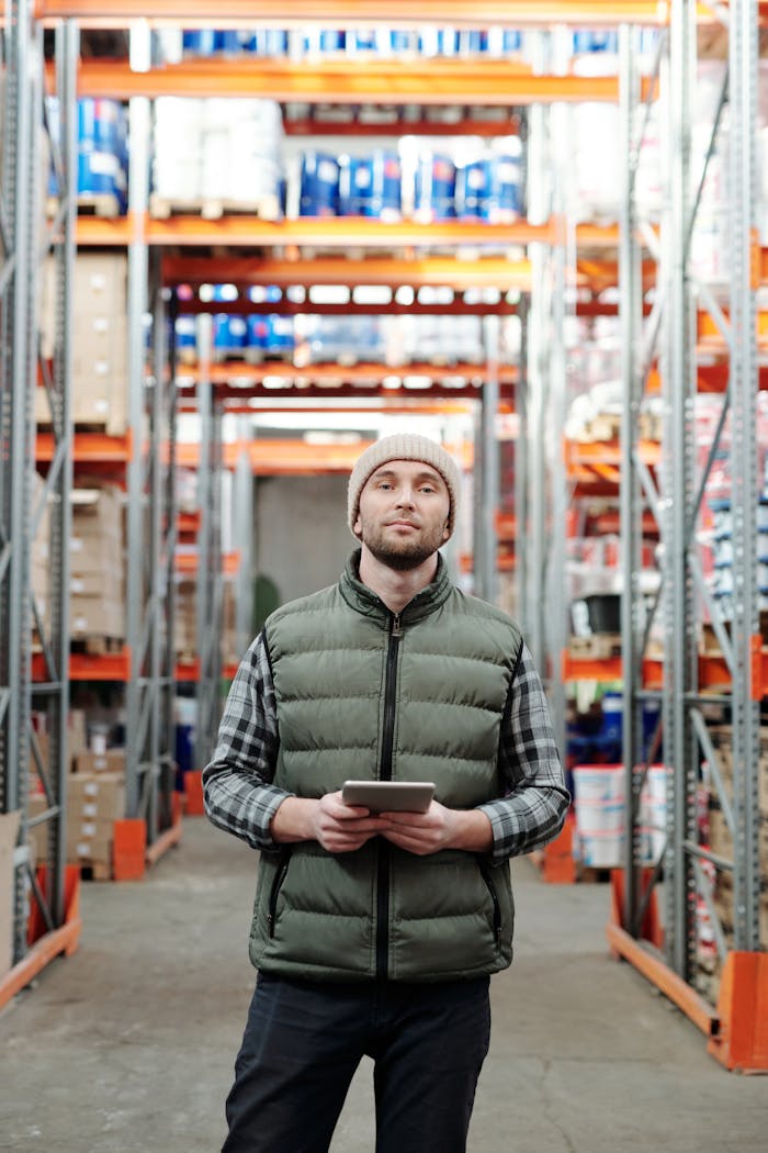 The Art of Drawing Readers In: Your attractive post title goes here Warehouse worker stands in aisle using a tablet to manage inventory.